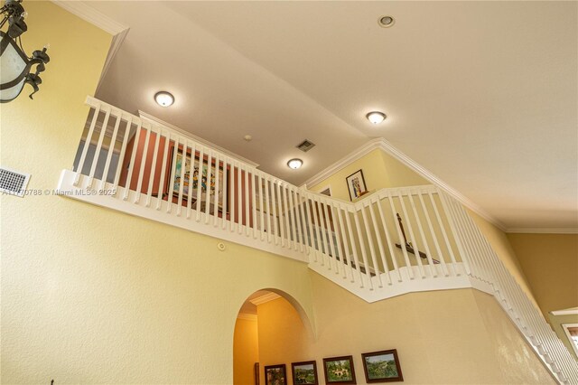 16473 SW 30th St, Miramar, FL 33027 - stairway with ornamental molding, arched walkways, and a high ceiling