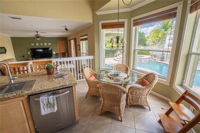 16473 SW 30th St, Miramar, FL 33027 - kitchen with dishwasher, crown molding, light tile patterned flooring, a ceiling fan, and open floor plan