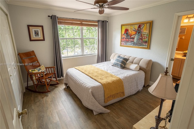 16473 SW 30th St, Miramar, FL 33027 - bedroom featuring crown molding, wood finished floors, and a ceiling fan