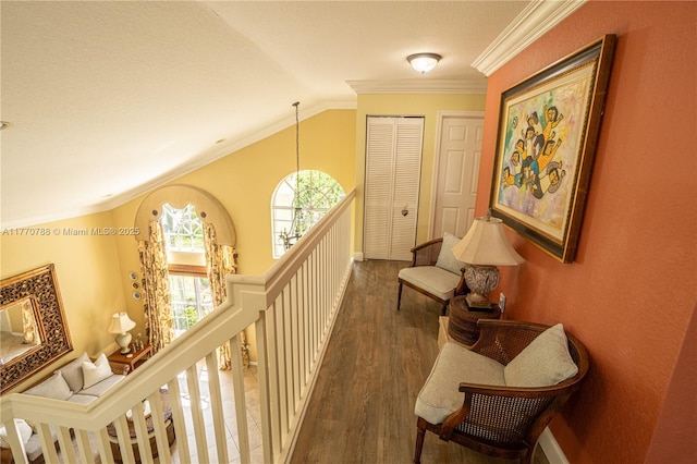 16473 SW 30th St, Miramar, FL 33027 - corridor with an upstairs landing, dark wood finished floors, vaulted ceiling, and crown molding