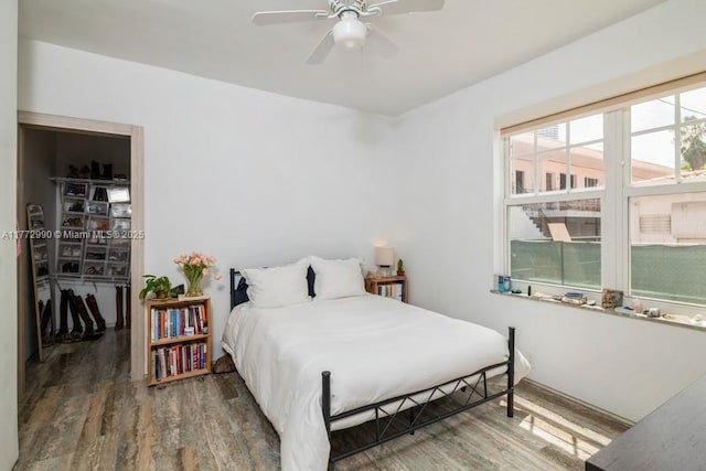 bedroom with a ceiling fan, wood finished floors, and a spacious closet