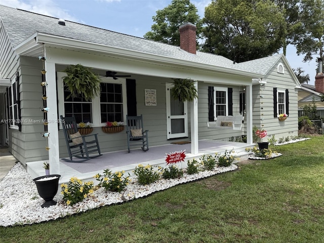 back of house with a porch, a lawn, a ceiling fan, and a shingled roof