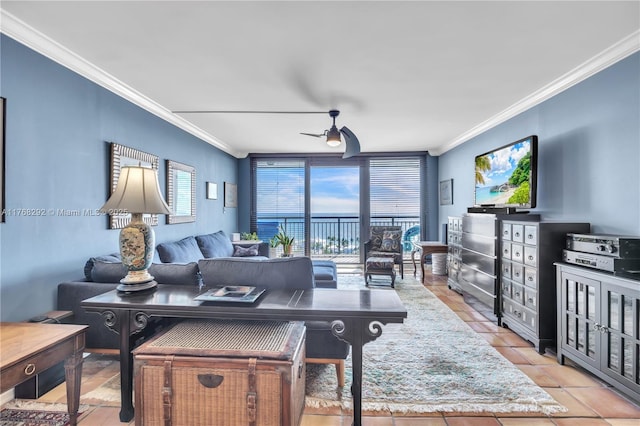 living room with a wealth of natural light, crown molding, and ceiling fan