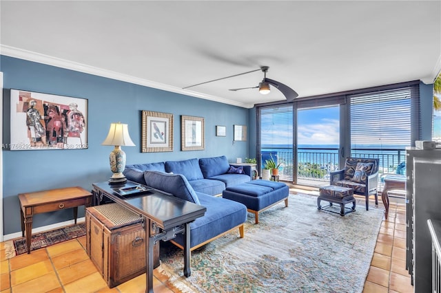 3031 N Ocean Blvd Unit 1804, Fort Lauderdale, FL 33308 - living area featuring crown molding, a ceiling fan, floor to ceiling windows, and light tile patterned floors