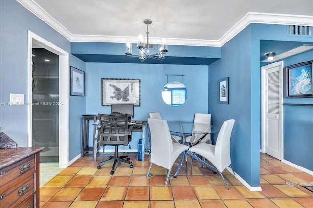 dining room with an inviting chandelier, visible vents, light tile patterned flooring, crown molding, and baseboards