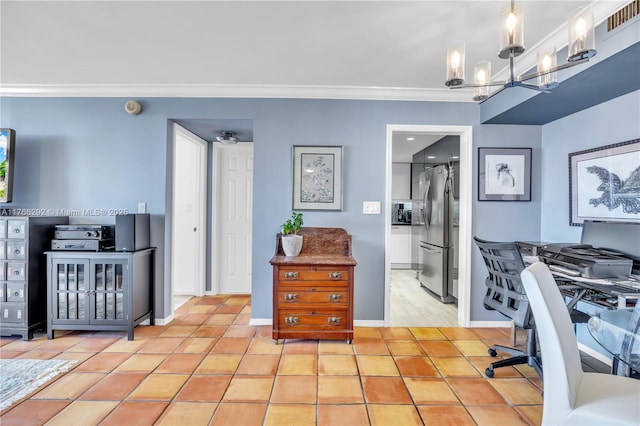 home office featuring baseboards, visible vents, a chandelier, crown molding, and light tile patterned floors
