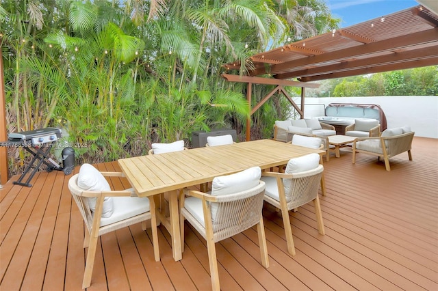 wooden terrace with outdoor dining space, a pergola, and an outdoor living space