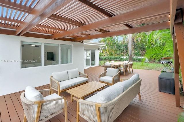 deck with a pergola, outdoor lounge area, and outdoor dining area