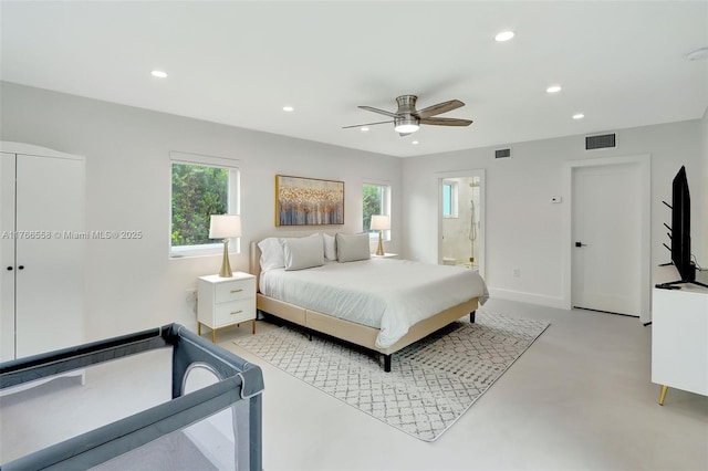 646 NE 114th St, Biscayne Park, FL 33161 - bedroom with finished concrete flooring, recessed lighting, baseboards, ensuite bathroom, and a ceiling fan
