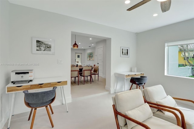 interior space featuring baseboards, recessed lighting, and ceiling fan