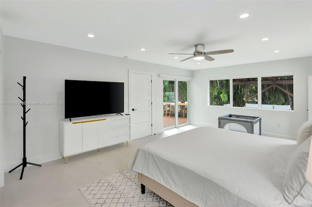bedroom with recessed lighting, a ceiling fan, access to outside, and baseboards