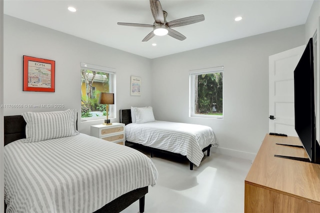 bedroom featuring baseboards, recessed lighting, and ceiling fan