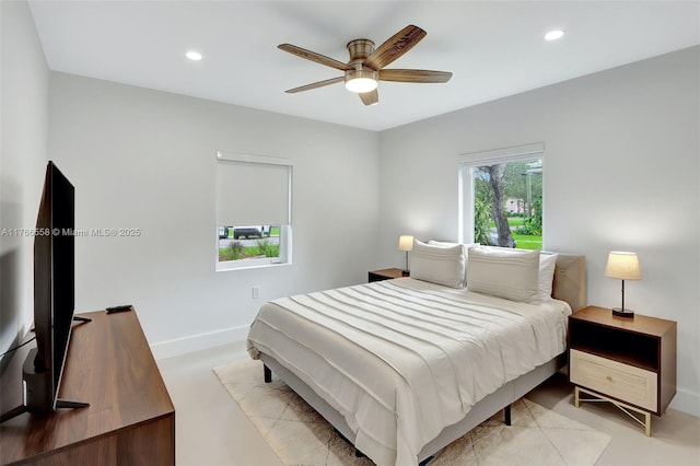 bedroom featuring recessed lighting, a ceiling fan, and baseboards