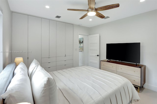 bedroom featuring recessed lighting, visible vents, and ceiling fan