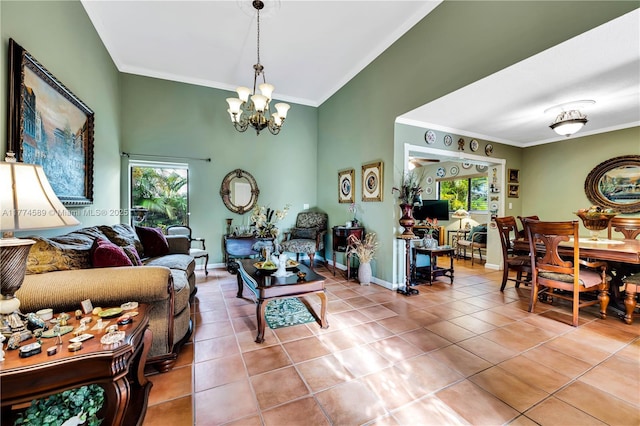 8914 SW 5th Ln, Miami, FL 33174 - living area featuring tile patterned floors, a notable chandelier, baseboards, and ornamental molding