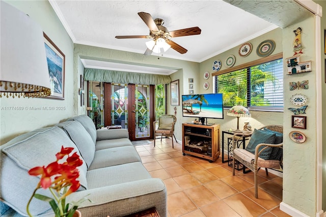 8914 SW 5th Ln, Miami, FL 33174 - living area with french doors, light tile patterned floors, ornamental molding, and ceiling fan