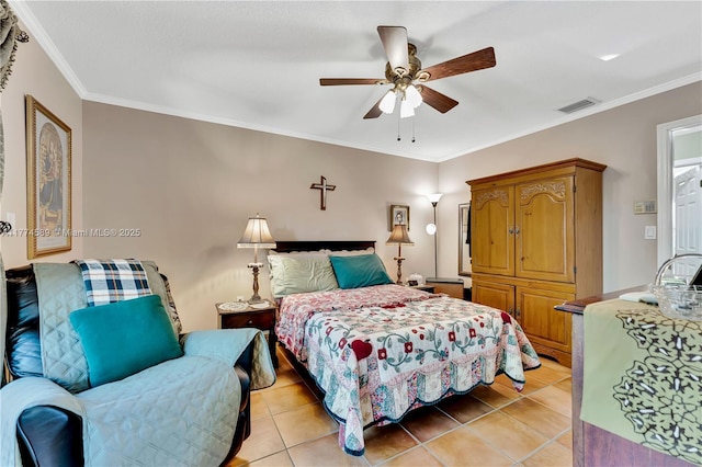 8914 SW 5th Ln, Miami, FL 33174 - bedroom with light tile patterned flooring, ornamental molding, visible vents, and a ceiling fan