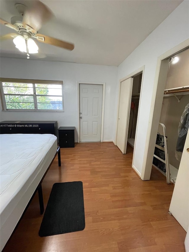 230 SW 11th Ave Unit 15, Hallandale Beach, FL 33009 - bedroom with two closets, light wood-style floors, and a ceiling fan