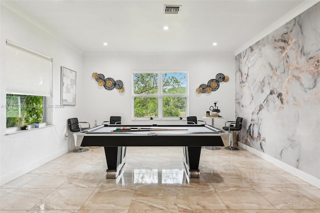 playroom with visible vents, baseboards, recessed lighting, marble finish floor, and pool table