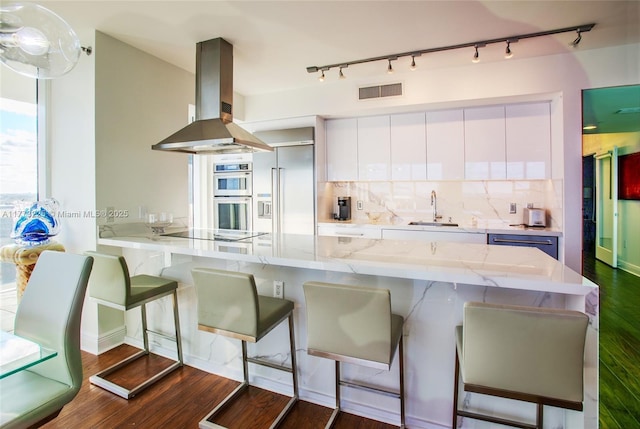 1850 S Ocean Dr Unit 1004, Hallandale Beach, FL 33009 - kitchen featuring track lighting, island exhaust hood, a sink, and appliances with stainless steel finishes