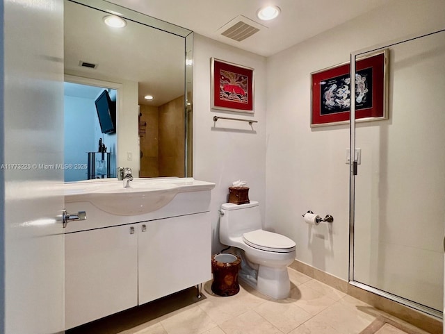 1850 S Ocean Dr Unit 1004, Hallandale Beach, FL 33009 - bathroom featuring recessed lighting, visible vents, toilet, vanity, and a stall shower