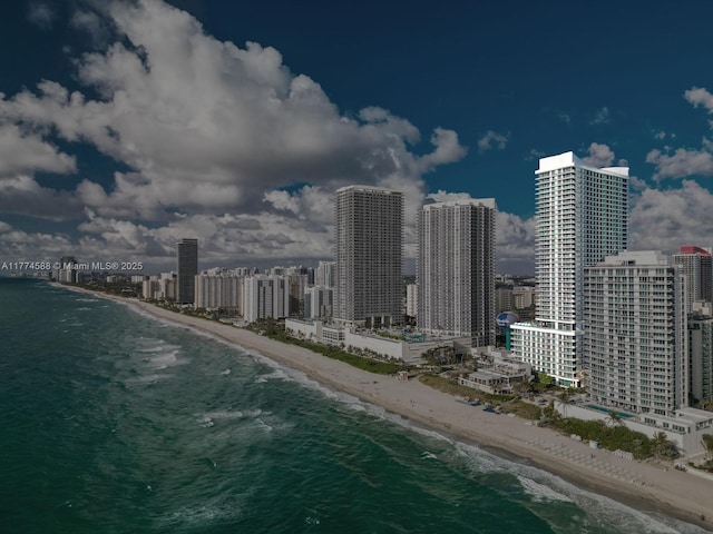 view of city featuring a water view and a beach view