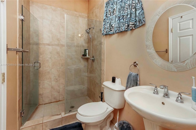 full bathroom with toilet, a stall shower, and a sink