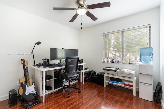 office area with wood finished floors and a ceiling fan