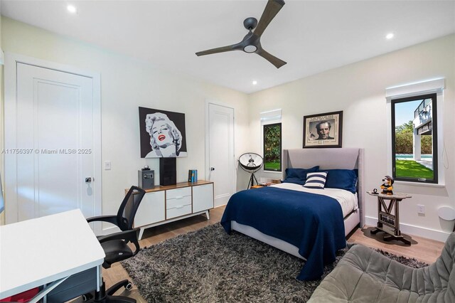 7360 SW 53rd Pl, Miami, FL 33143 - bedroom with baseboards, wood finished floors, recessed lighting, and a ceiling fan