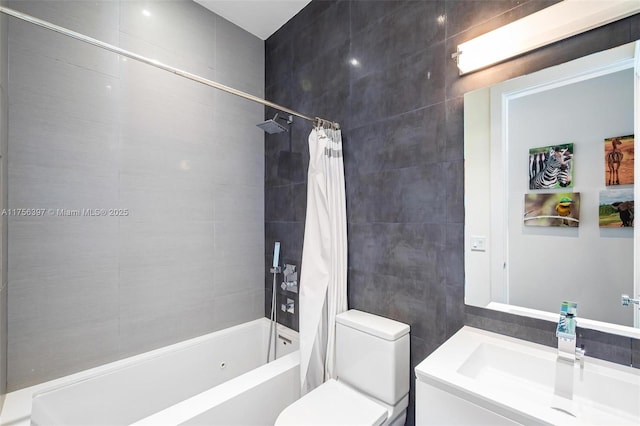 7360 SW 53rd Pl, Miami, FL 33143 - bathroom with toilet, vanity, tile walls, and shower / bath combo