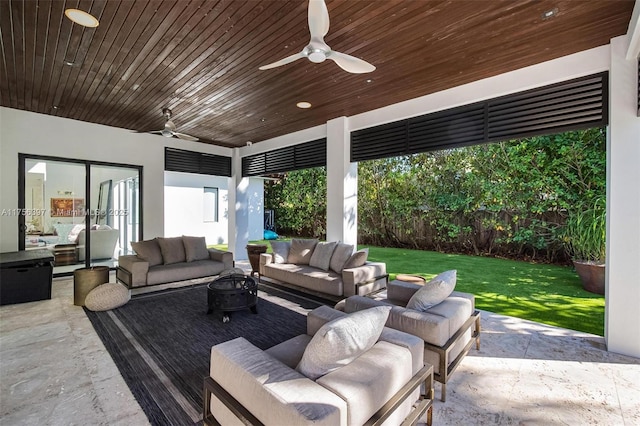 7360 SW 53rd Pl, Miami, FL 33143 - view of patio / terrace with ceiling fan, an outdoor living space with a fire pit, and fence