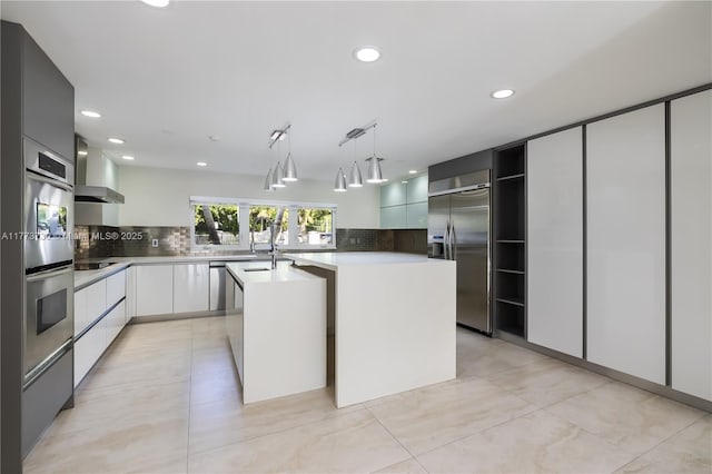 413 Santurce Ave, Coral Gables, FL 33143 - kitchen featuring open shelves, appliances with stainless steel finishes, wall chimney exhaust hood, and modern cabinets