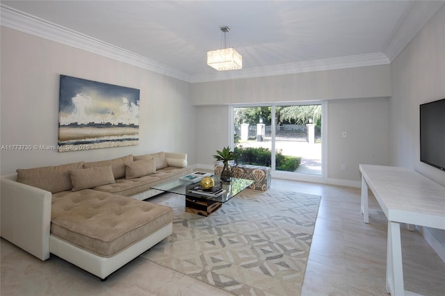 413 Santurce Ave, Coral Gables, FL 33143 - living room featuring a chandelier, baseboards, and ornamental molding