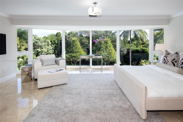 413 Santurce Ave, Coral Gables, FL 33143 - bedroom featuring ornamental molding, baseboards, and marble finish floor