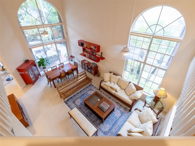 living room with a high ceiling