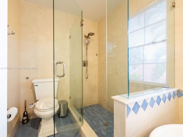 bathroom featuring tile walls, toilet, tile patterned flooring, and a shower stall