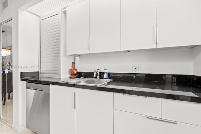 901 SW 141st Ave Unit 409M, Pembroke Pines, FL 33027 - kitchen with stainless steel dishwasher, a sink, white cabinetry, and dark countertops