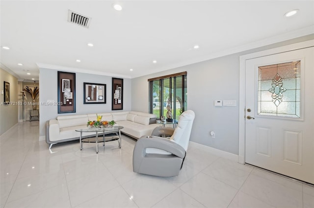 living room with crown molding, light tile patterned floors, visible vents, recessed lighting, and baseboards