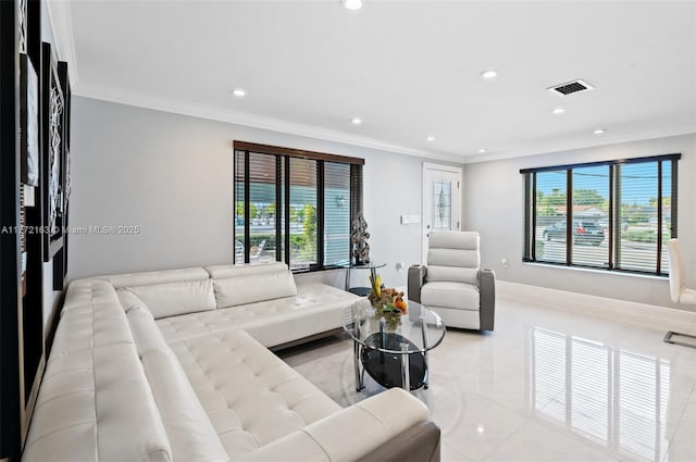 living area featuring crown molding, recessed lighting, visible vents, and plenty of natural light