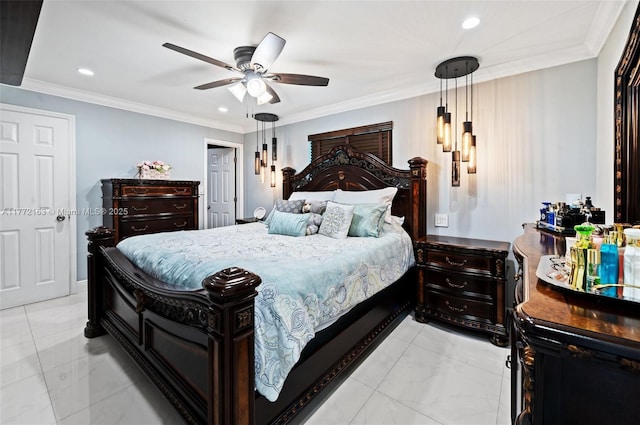 bedroom with recessed lighting, marble finish floor, crown molding, and a ceiling fan