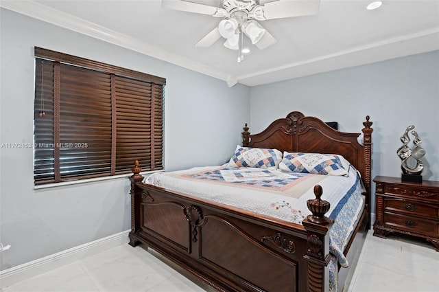 bedroom featuring baseboards, crown molding, and ceiling fan