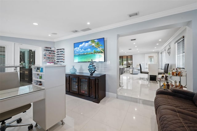 living area featuring ornamental molding, visible vents, and recessed lighting
