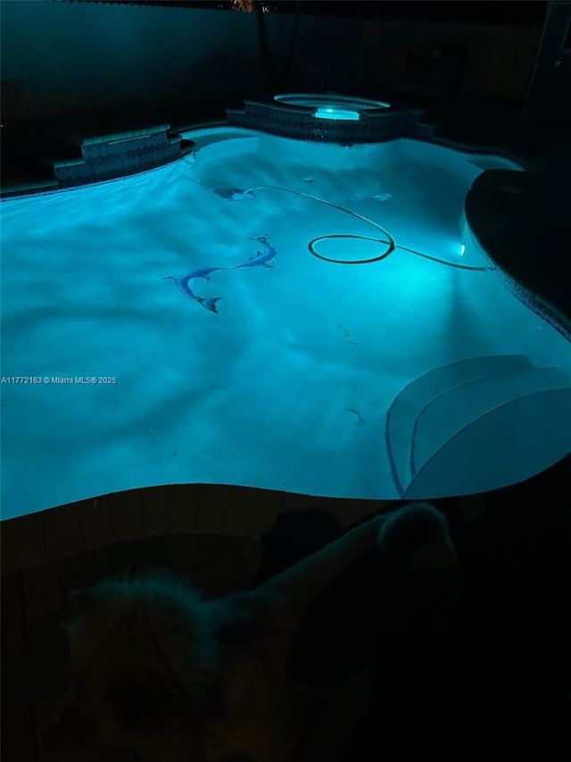 view of swimming pool featuring an in ground hot tub and a fenced in pool