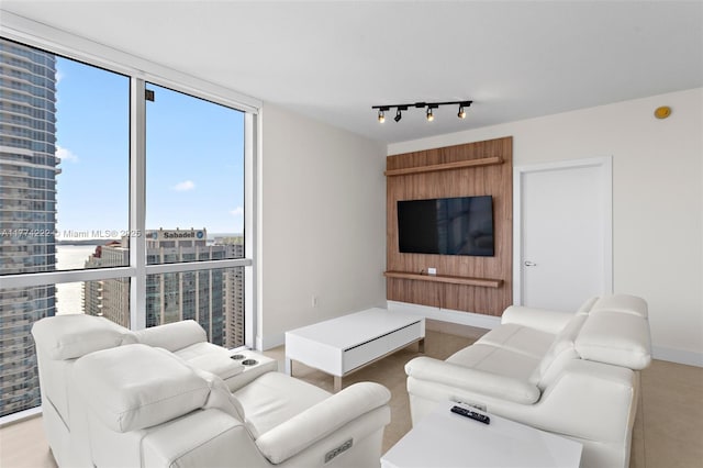 living area with rail lighting, baseboards, and expansive windows