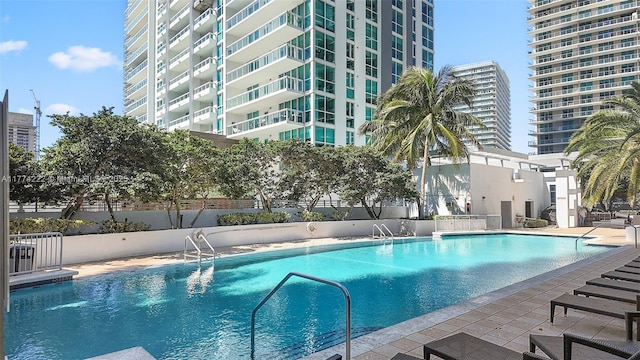 community pool featuring a view of city and a patio area