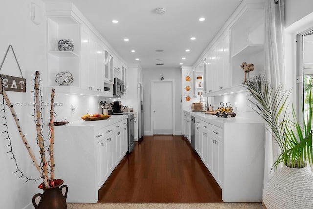1523 Blue Rd, Coral Gables, FL 33146 - kitchen with open shelves, appliances with stainless steel finishes, white cabinetry, recessed lighting, and light countertops