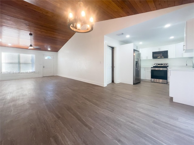 7429 SW 14th Ct, North Lauderdale, FL 33068 - unfurnished living room featuring dark wood-style flooring, baseboards, a sink, vaulted ceiling, and wooden ceiling