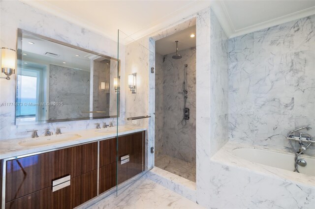 15701 Collins Ave Unit 1004, Sunny Isles Beach, FL 33160 - bathroom featuring marble tiled flooring, ornamental molding, a marble finish shower, a bath, and double vanity