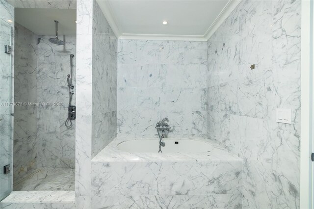 15701 Collins Ave Unit 1004, Sunny Isles Beach, FL 33160 - bathroom with crown molding, a marble finish shower, and a garden tub