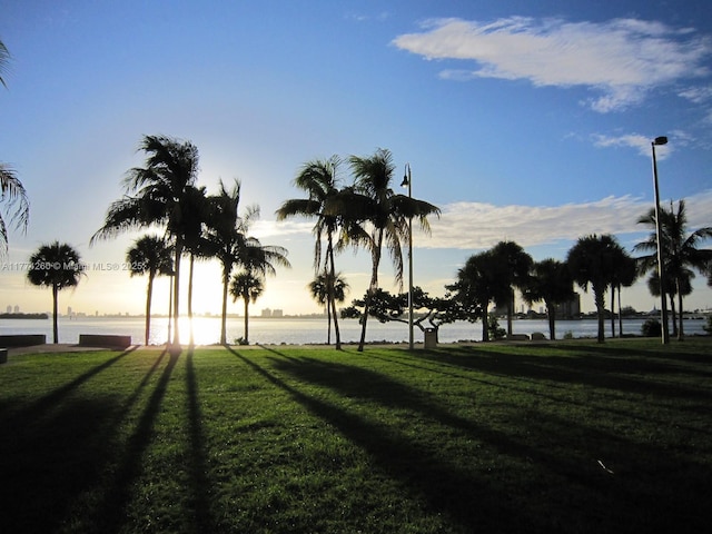 view of property's community with a lawn and a water view